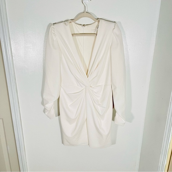 NEW Tadashi Shoji Sabine Plunge V-Neck Twist-Front Long-Sleeve Mini Dress White - Picture 2 of 12